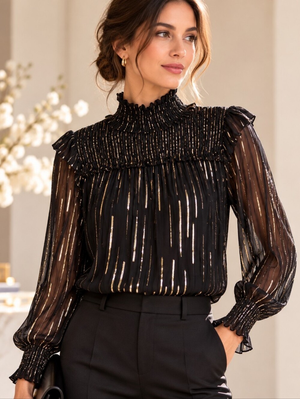 Elie Tahari Silk Zariah Metallic Mock-Neck Blouse
